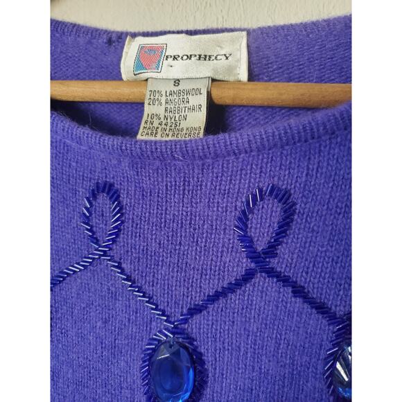 VTG 1980s Prophecy Glitz Sweater Sz S PURPLE Embellished Lambswool Angora Classy - Picture 3 of 10
